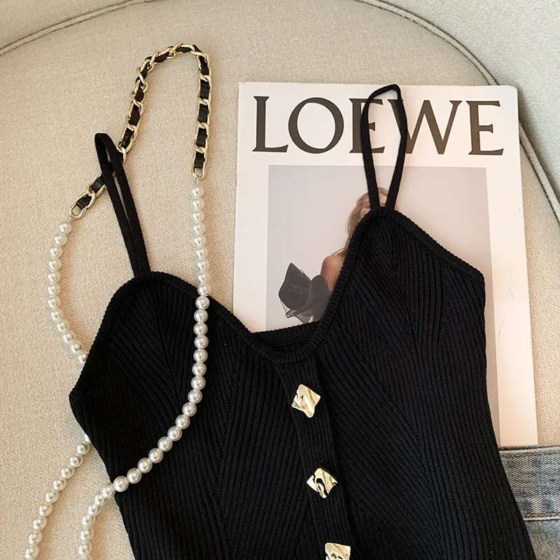 Summer New Advanced Knitted Strap Vest Women's Outer And Inner Wear Sleeveless Button Backless Top Pure Desire Style Short display picture 3