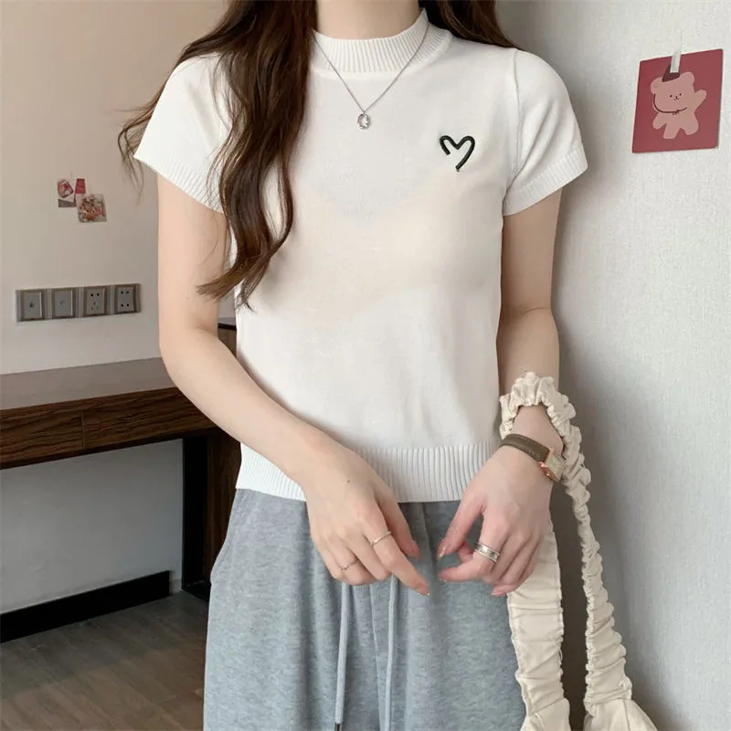 Women's Short-Sleeved Round Neck Knitted Top Summer Thin Embroidery Slim Fit Versatile Body Shaping Top Ice Silk Polyester Fabric display picture 3