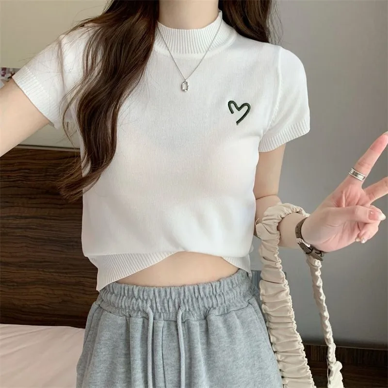 Women's Short-Sleeved Round Neck Knitted Top Summer Thin Embroidery Slim Fit Versatile Body Shaping Top Ice Silk Polyester Fabric display picture 4