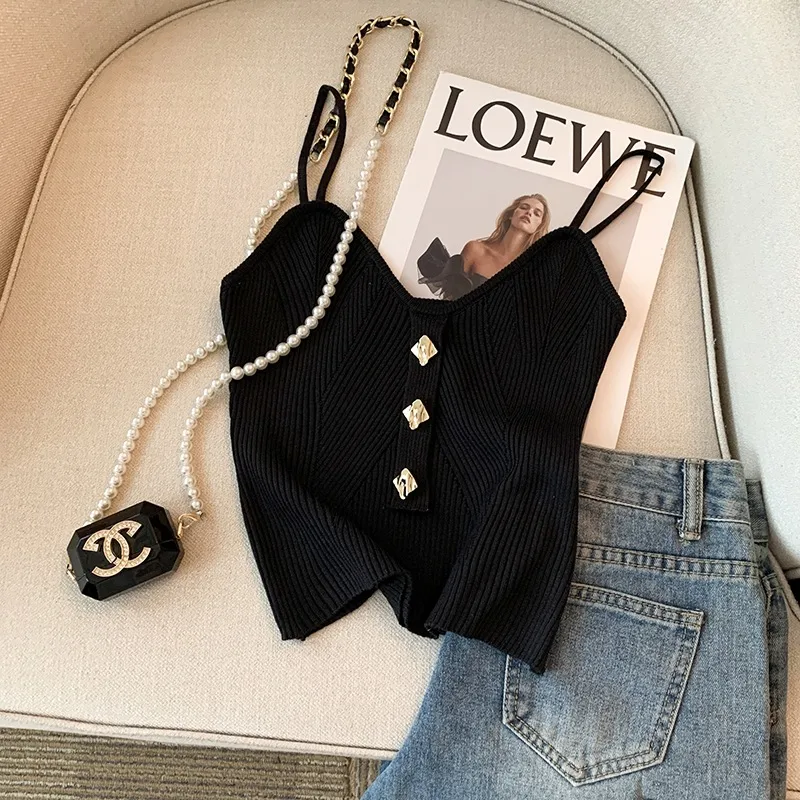 Summer New Advanced Knitted Strap Vest Women's Outer And Inner Wear Sleeveless Button Backless Top Pure Desire Style Short display picture 2