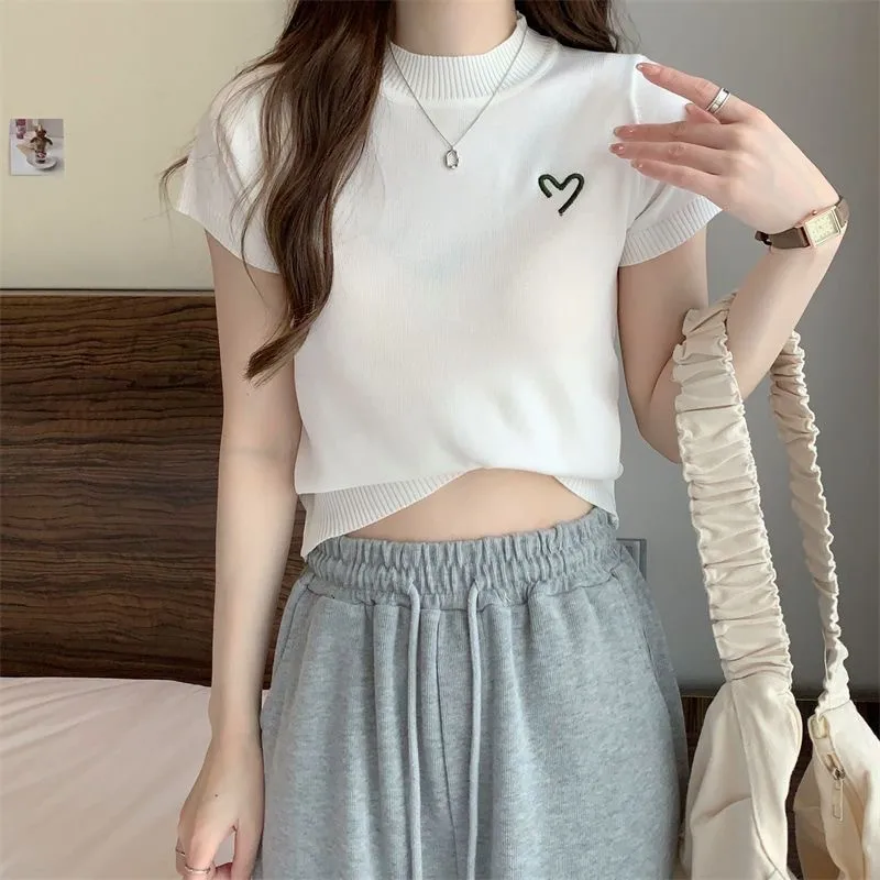 Women's Short-Sleeved Round Neck Knitted Top Summer Thin Embroidery Slim Fit Versatile Body Shaping Top Ice Silk Polyester Fabric display picture 5