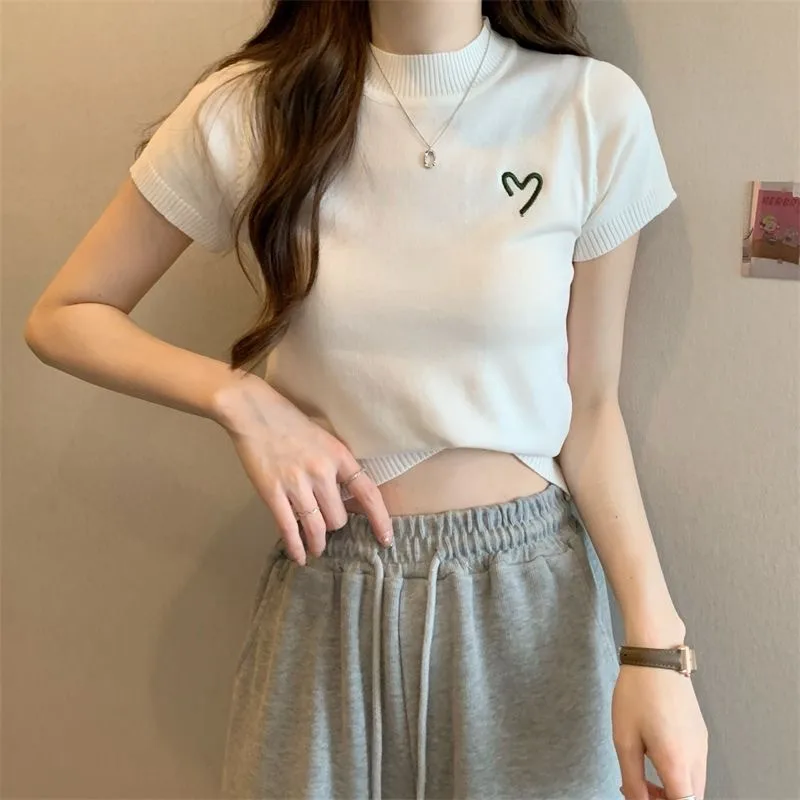 Women's Short-Sleeved Round Neck Knitted Top Summer Thin Embroidery Slim Fit Versatile Body Shaping Top Ice Silk Polyester Fabric display picture 6