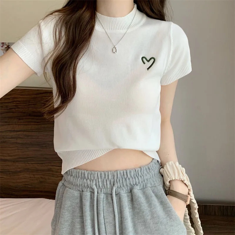 Women's Short-Sleeved Round Neck Knitted Top Summer Thin Embroidery Slim Fit Versatile Body Shaping Top Ice Silk Polyester Fabric display picture 8