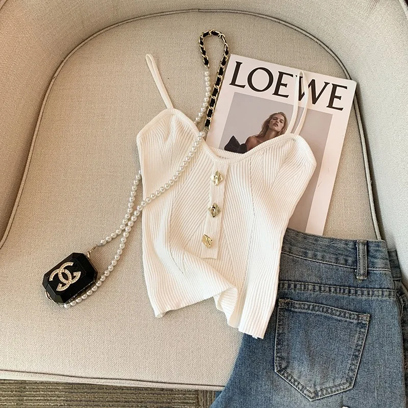 Summer New Advanced Knitted Strap Vest Women's Outer And Inner Wear Sleeveless Button Backless Top Pure Desire Style Short display picture 8