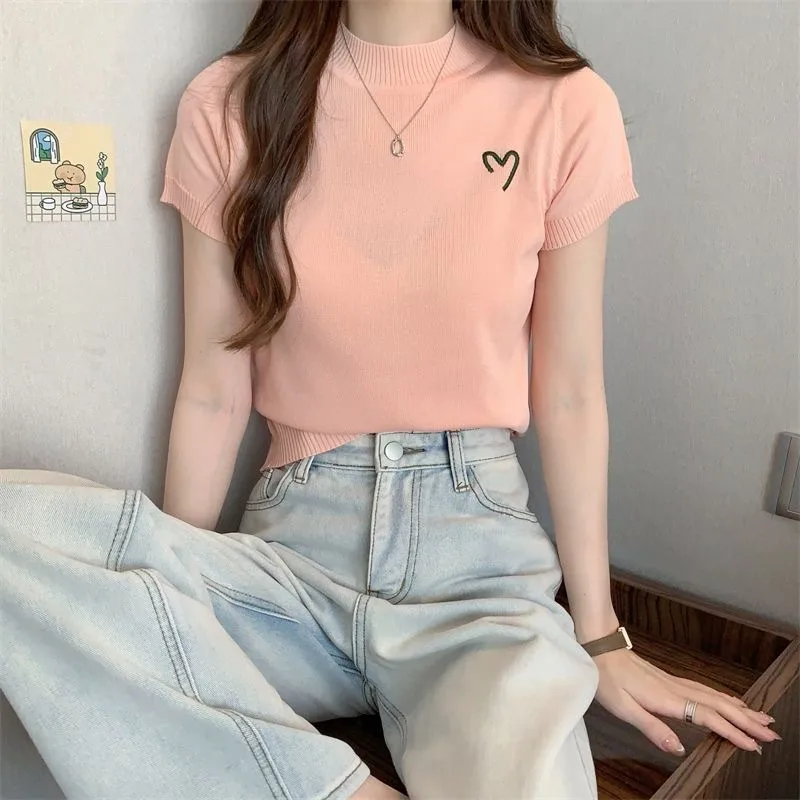 Women's Short-Sleeved Round Neck Knitted Top Summer Thin Embroidery Slim Fit Versatile Body Shaping Top Ice Silk Polyester Fabric display picture 9