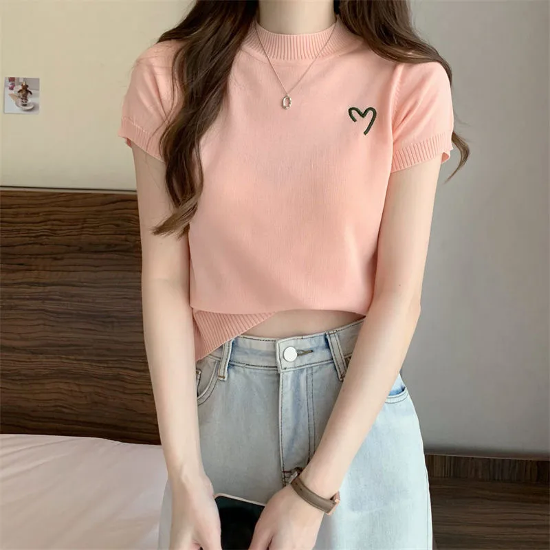 Women's Short-Sleeved Round Neck Knitted Top Summer Thin Embroidery Slim Fit Versatile Body Shaping Top Ice Silk Polyester Fabric display picture 11