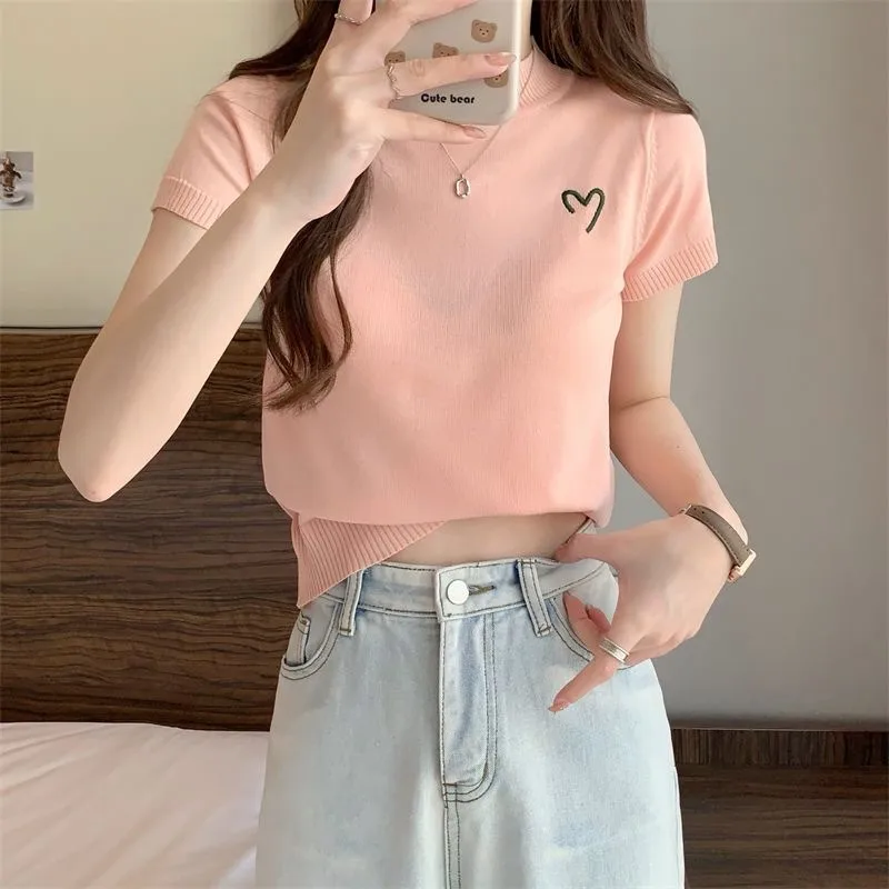 Women's Short-Sleeved Round Neck Knitted Top Summer Thin Embroidery Slim Fit Versatile Body Shaping Top Ice Silk Polyester Fabric display picture 12