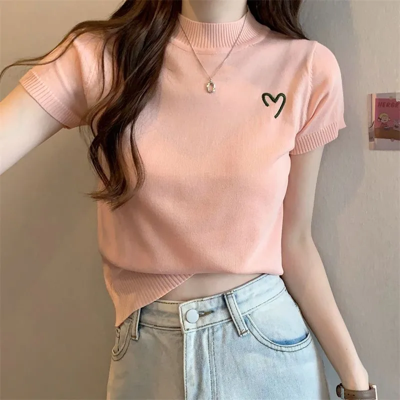 Women's Short-Sleeved Round Neck Knitted Top Summer Thin Embroidery Slim Fit Versatile Body Shaping Top Ice Silk Polyester Fabric display picture 13