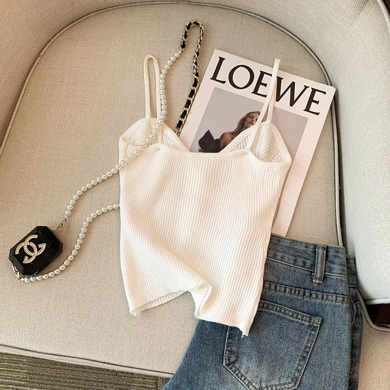 Summer New Advanced Knitted Strap Vest Women's Outer And Inner Wear Sleeveless Button Backless Top Pure Desire Style Short display picture 12