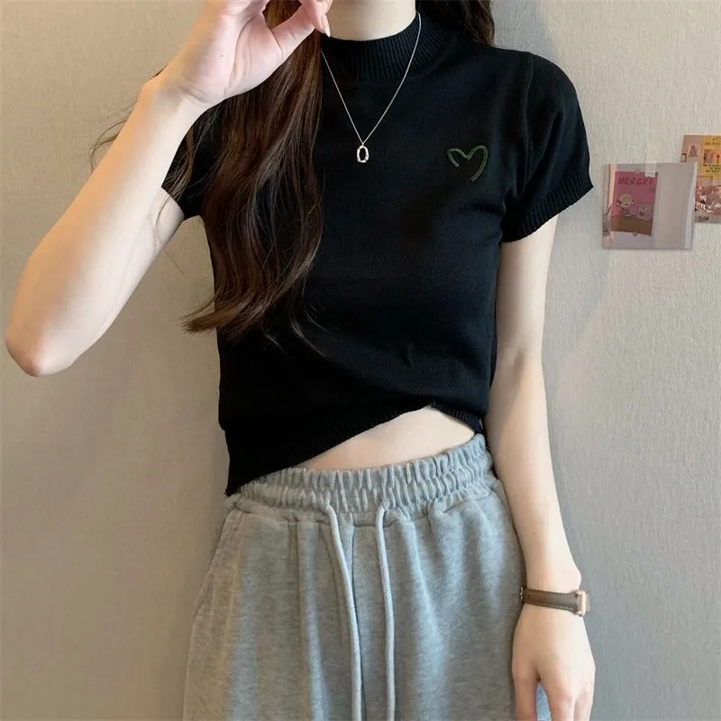 Women's Short-Sleeved Round Neck Knitted Top Summer Thin Embroidery Slim Fit Versatile Body Shaping Top Ice Silk Polyester Fabric display picture 14