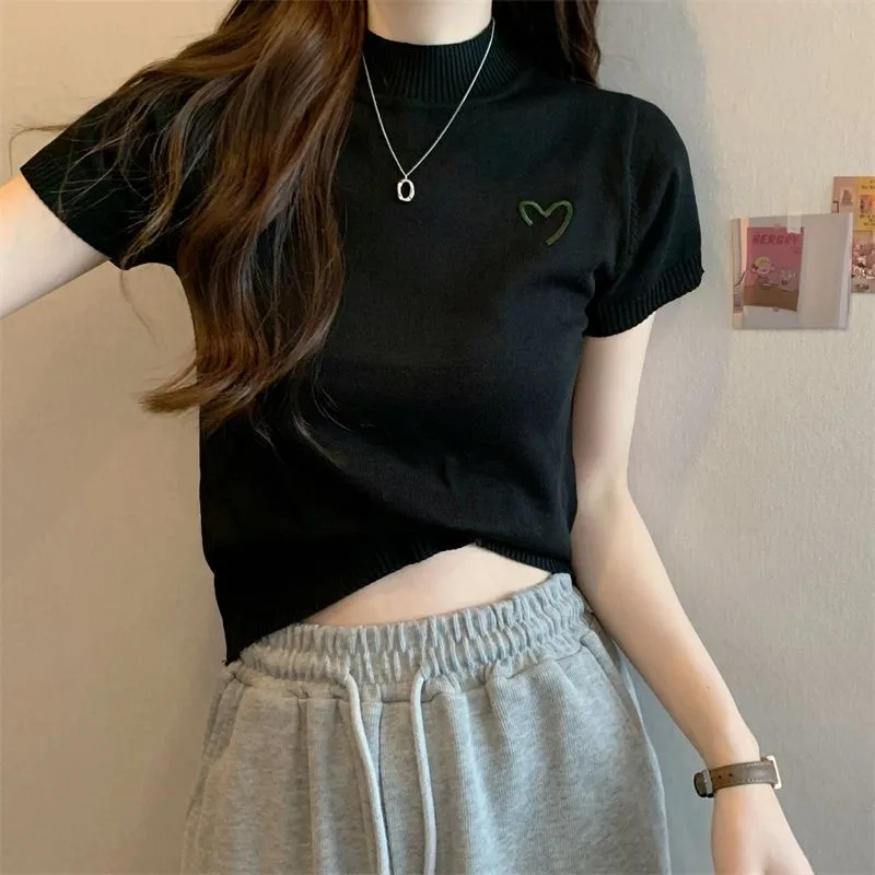 Women's Short-Sleeved Round Neck Knitted Top Summer Thin Embroidery Slim Fit Versatile Body Shaping Top Ice Silk Polyester Fabric display picture 15