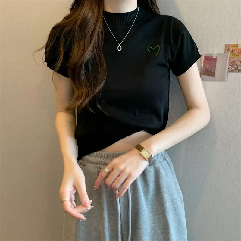 Women's Short-Sleeved Round Neck Knitted Top Summer Thin Embroidery Slim Fit Versatile Body Shaping Top Ice Silk Polyester Fabric display picture 16