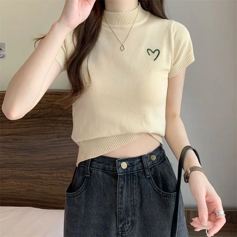 Women's Short-Sleeved Round Neck Knitted Top Summer Thin Embroidery Slim Fit Versatile Body Shaping Top Ice Silk Polyester Fabric display picture 17