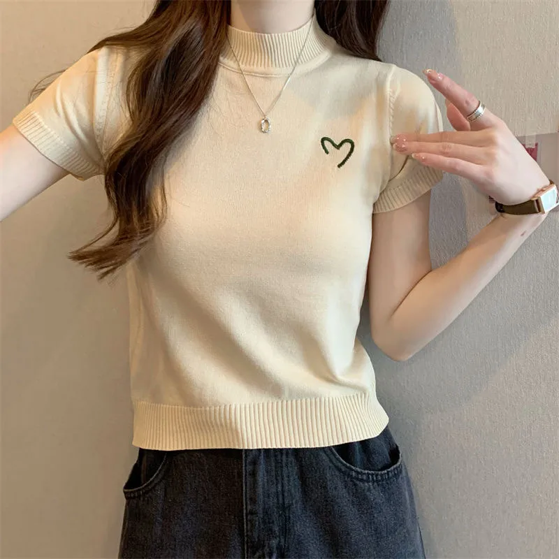 Women's Short-Sleeved Round Neck Knitted Top Summer Thin Embroidery Slim Fit Versatile Body Shaping Top Ice Silk Polyester Fabric display picture 18