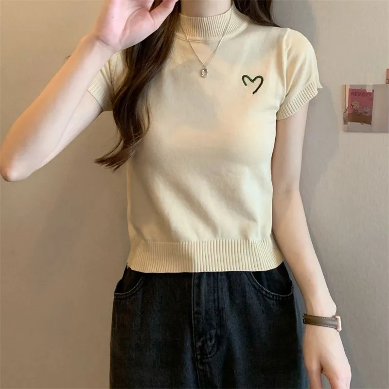 Women's Short-Sleeved Round Neck Knitted Top Summer Thin Embroidery Slim Fit Versatile Body Shaping Top Ice Silk Polyester Fabric display picture 19