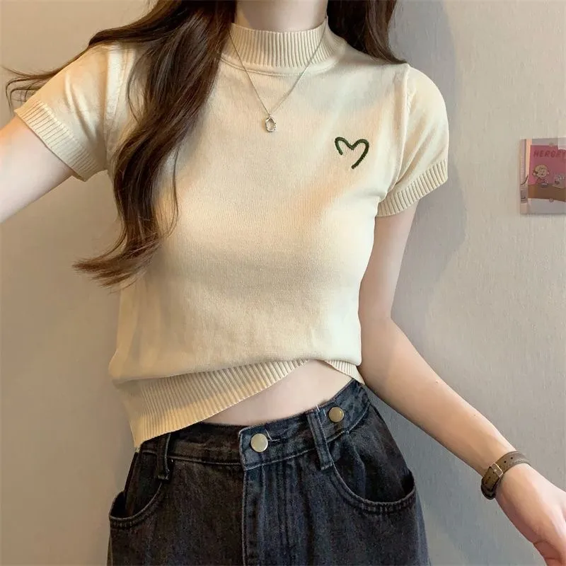 Women's Short-Sleeved Round Neck Knitted Top Summer Thin Embroidery Slim Fit Versatile Body Shaping Top Ice Silk Polyester Fabric display picture 21