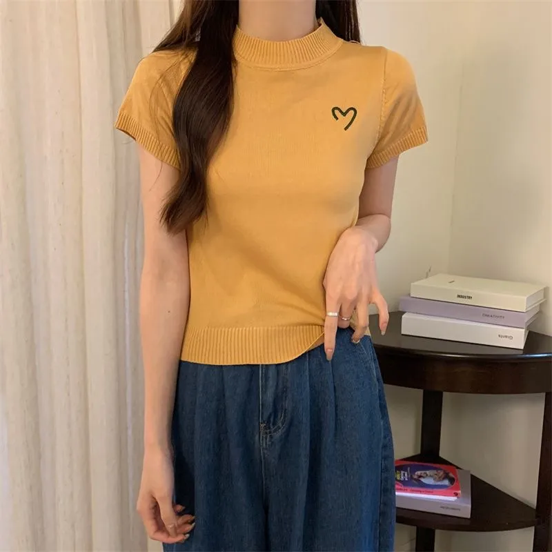 Women's Short-Sleeved Round Neck Knitted Top Summer Thin Embroidery Slim Fit Versatile Body Shaping Top Ice Silk Polyester Fabric display picture 23