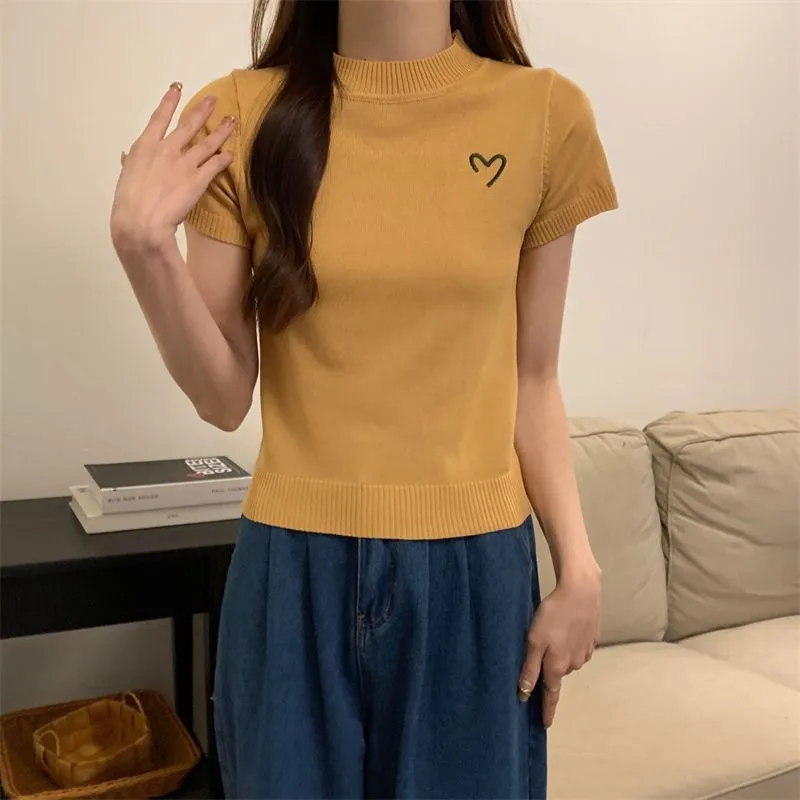 Women's Short-Sleeved Round Neck Knitted Top Summer Thin Embroidery Slim Fit Versatile Body Shaping Top Ice Silk Polyester Fabric display picture 24