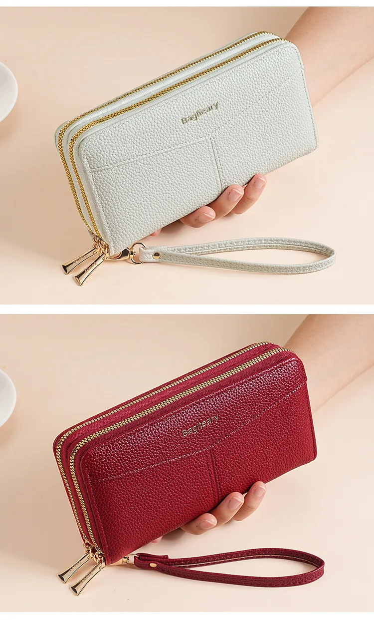 Double Zipper Large Capacity Women's Wallet Simple Long Multiple Card Slots Lychee Pattern Handbag Fashion Wallet display picture 7