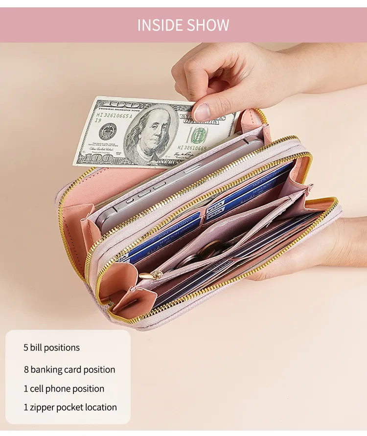 Double Zipper Large Capacity Women's Wallet Simple Long Multiple Card Slots Lychee Pattern Handbag Fashion Wallet display picture 10