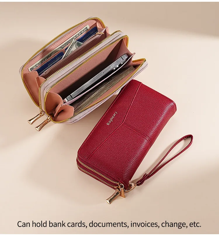 Double Zipper Large Capacity Women's Wallet Simple Long Multiple Card Slots Lychee Pattern Handbag Fashion Wallet display picture 11
