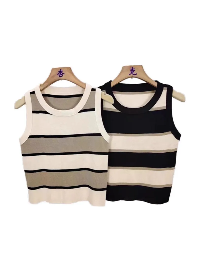 Sleeveless Striped Knitted Vest Women's Summer New Color Matching Bottoming Top Inner Wear Outer Wear Fashion O-neck Short display picture 1