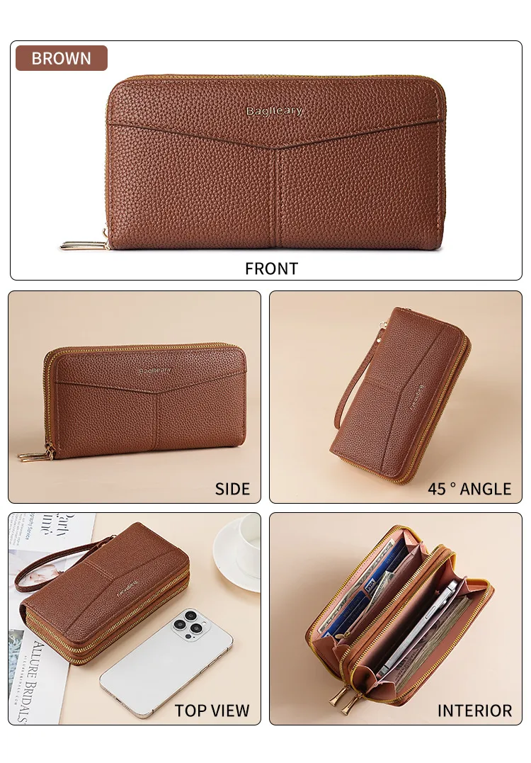 Double Zipper Large Capacity Women's Wallet Simple Long Multiple Card Slots Lychee Pattern Handbag Fashion Wallet display picture 13