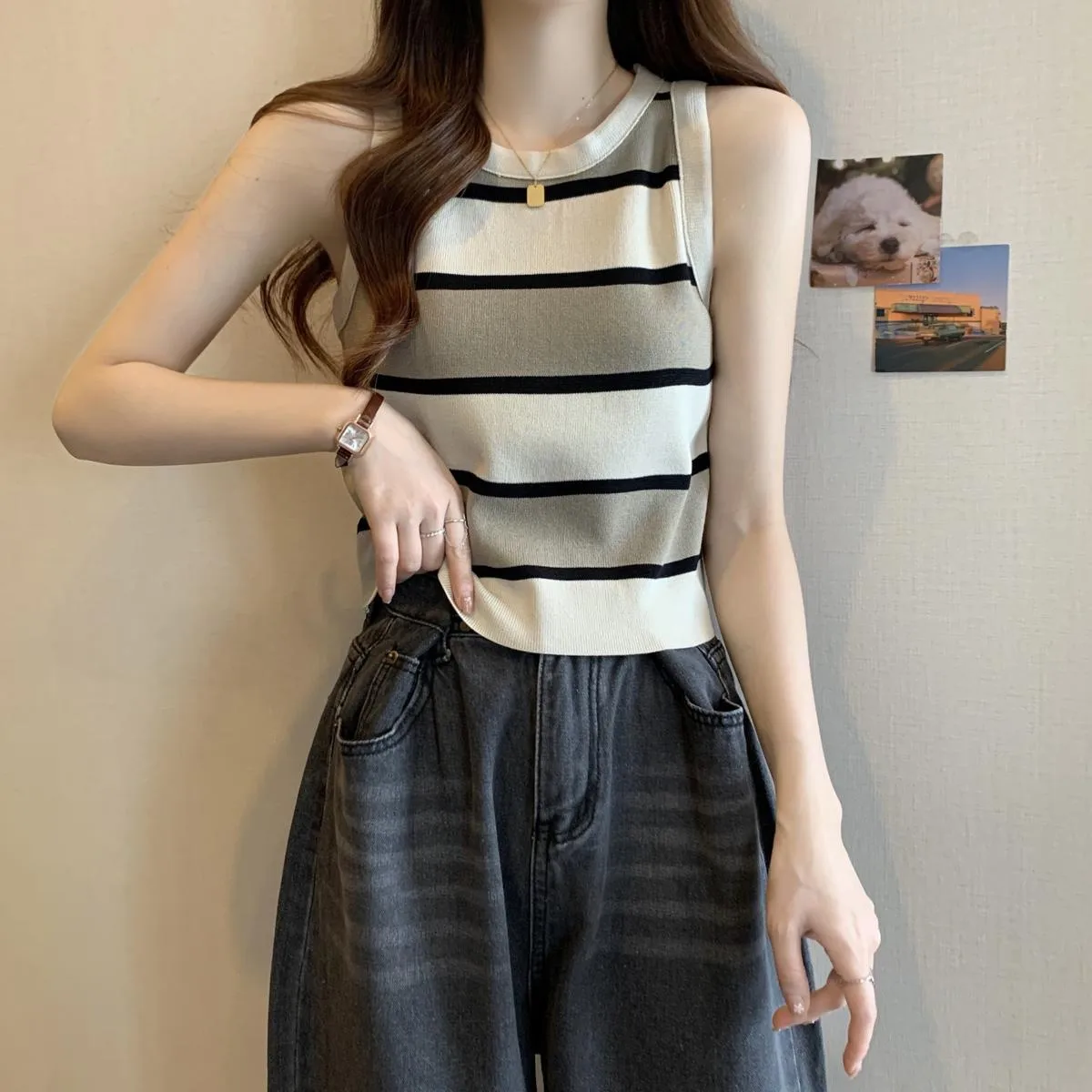 Sleeveless Striped Knitted Vest Women's Summer New Color Matching Bottoming Top Inner Wear Outer Wear Fashion O-neck Short display picture 3