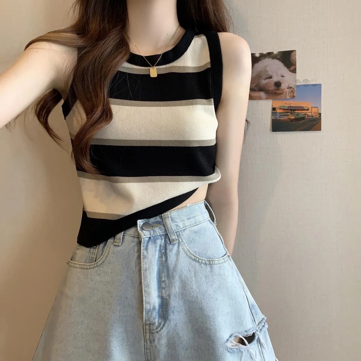Sleeveless Striped Knitted Vest Women's Summer New Color Matching Bottoming Top Inner Wear Outer Wear Fashion O-neck Short display picture 6