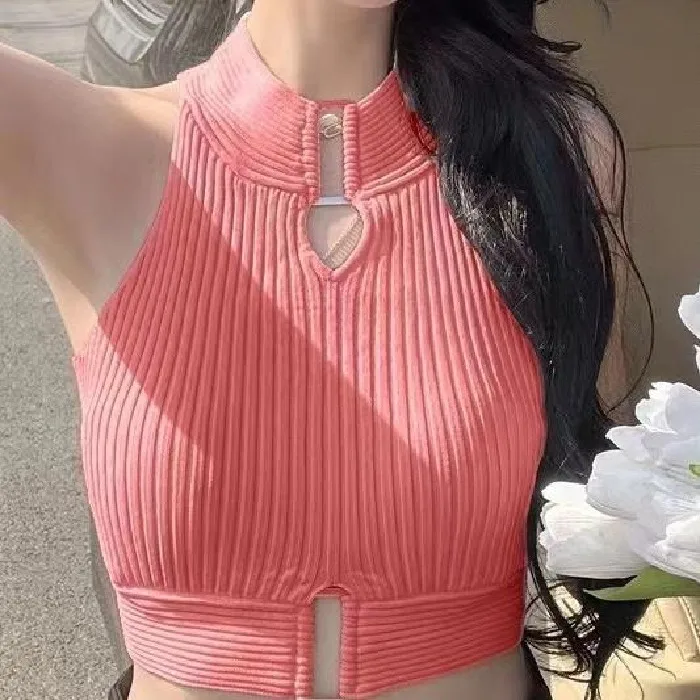 Slim-Fit Top Knitted Short Top For Women Summer Sexy Hollow Out Coat Close-Fitting Undershirt Inner Halter Sleeveless Round Neck display picture 6