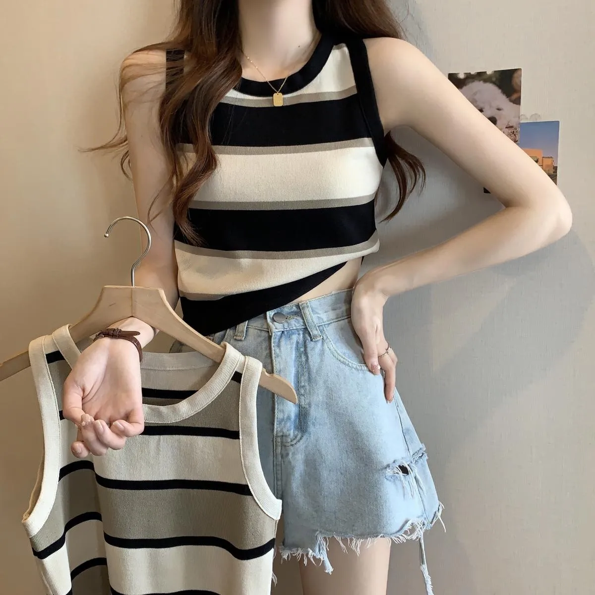 Sleeveless Striped Knitted Vest Women's Summer New Color Matching Bottoming Top Inner Wear Outer Wear Fashion O-neck Short display picture 14