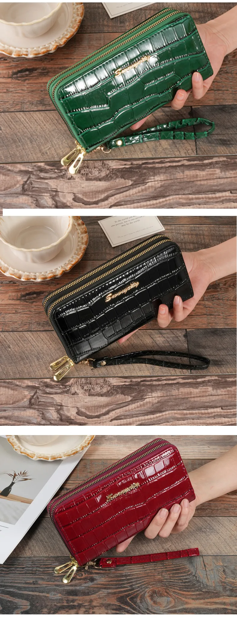 Dual-Use Large Capacity Women's Wallet Retro Fashion Crocodile Pattern Multifunctional Tote Fashion Solid Color Polyester Lining Material display picture 6