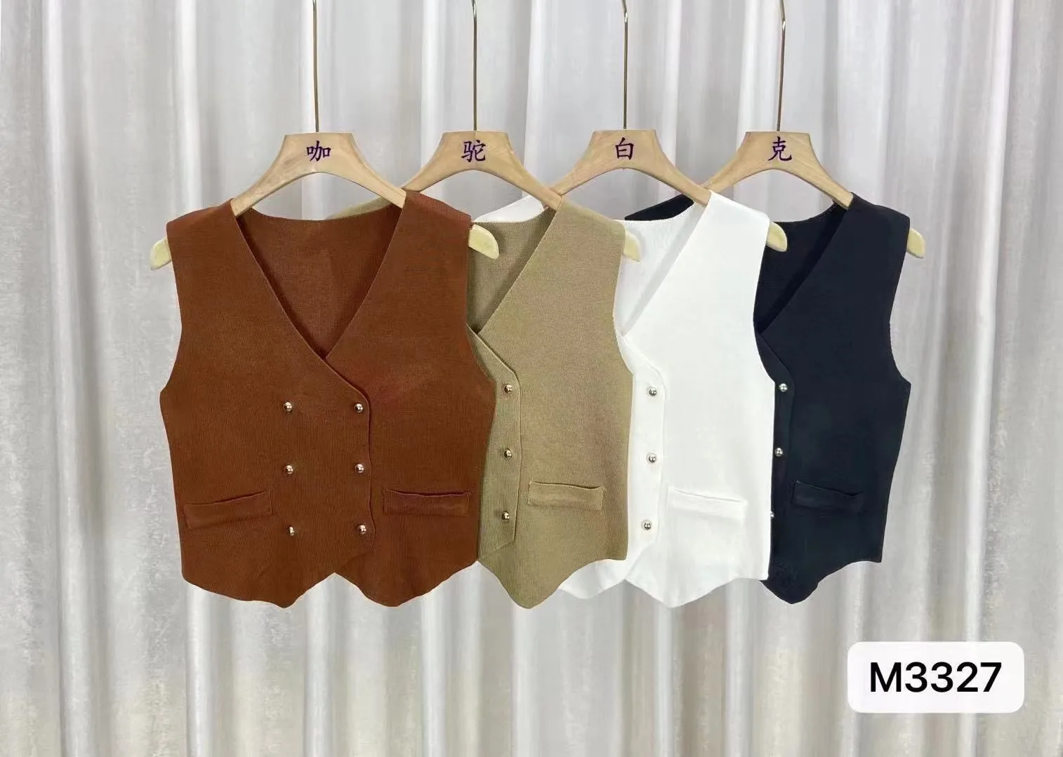 Fashion New Style V-neck Asymmetric Double Button Knitted Vest Top Women's Clothing Urban Landscape Pattern Polyester Fabric display picture 5