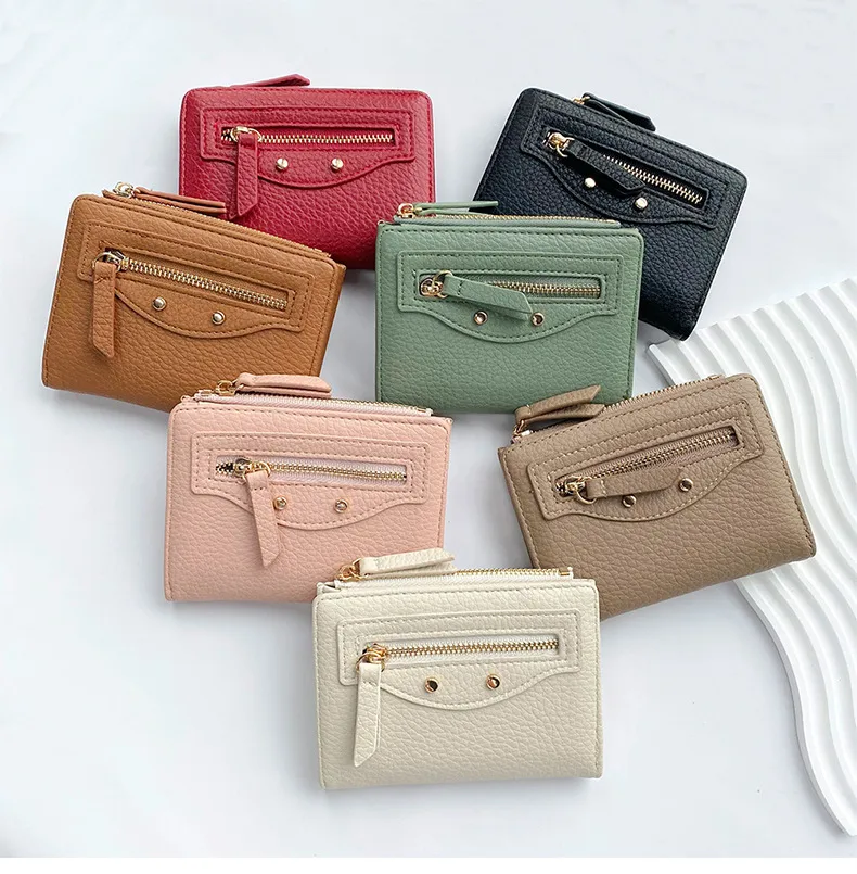 New Women's Short Portable Rivet Litchi Pattern Coin Purse Mini Wallet Small Fashion PU Leather Simple Style Lightweight display picture 1