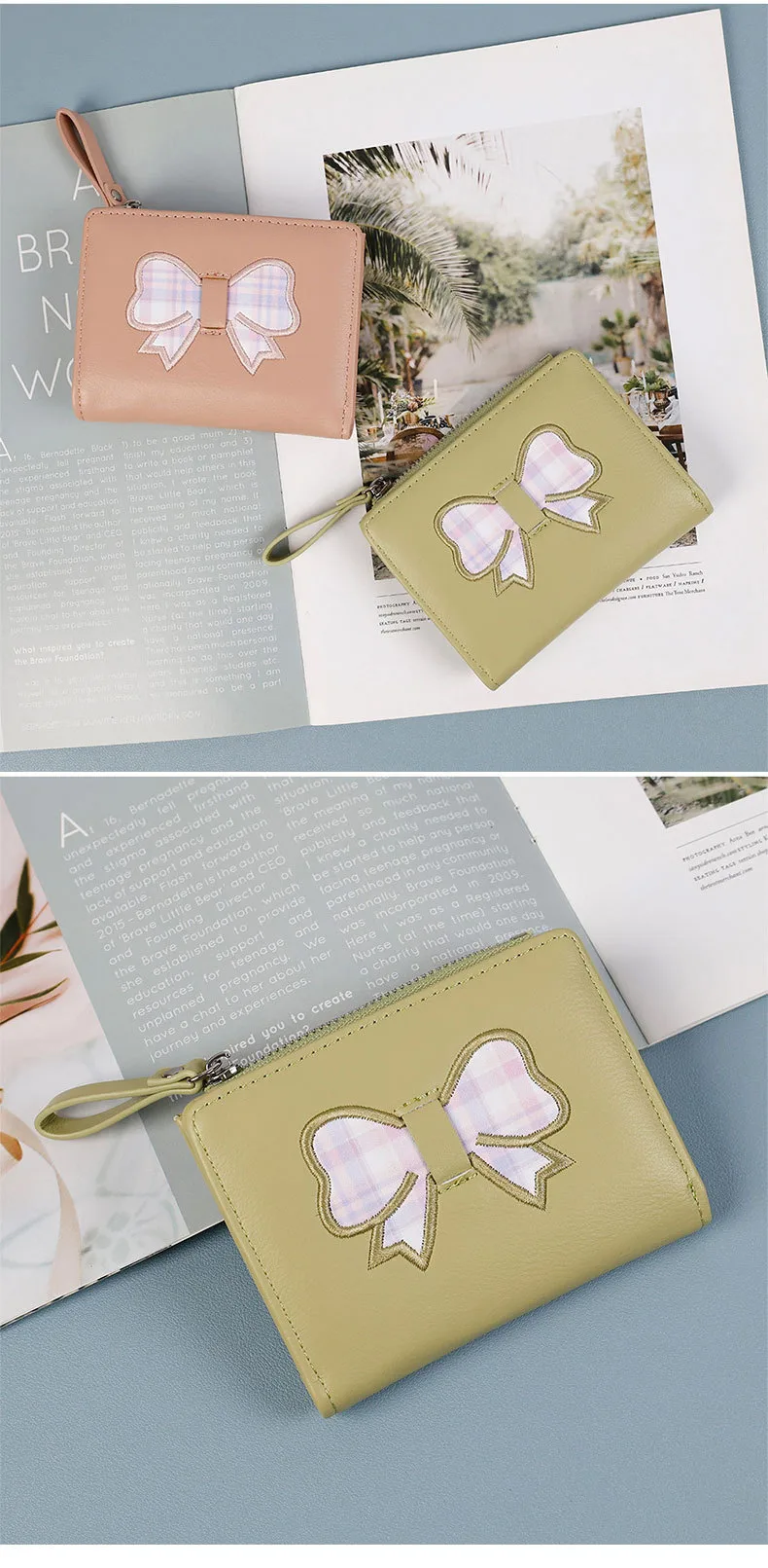 Fashion Bowknot Wallet Women's Short Cute PU Leather Multifunctional Bifold Zipper Coin Purse Sweet Cartoon display picture 2