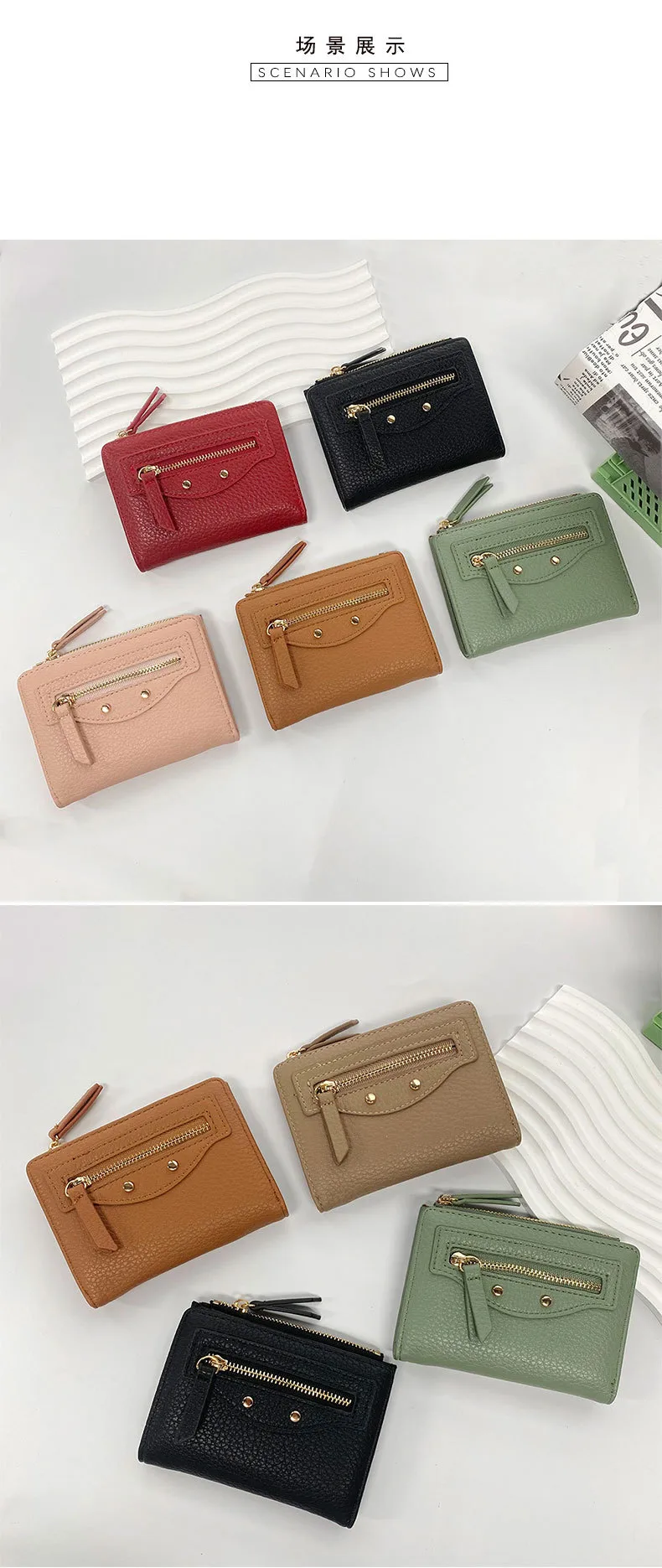 New Women's Short Portable Rivet Litchi Pattern Coin Purse Mini Wallet Small Fashion PU Leather Simple Style Lightweight display picture 3