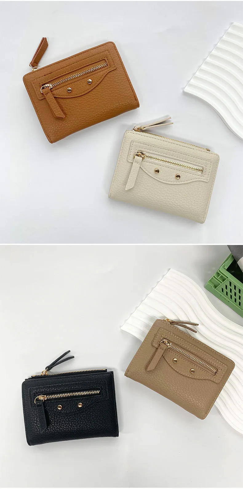 New Women's Short Portable Rivet Litchi Pattern Coin Purse Mini Wallet Small Fashion PU Leather Simple Style Lightweight display picture 4