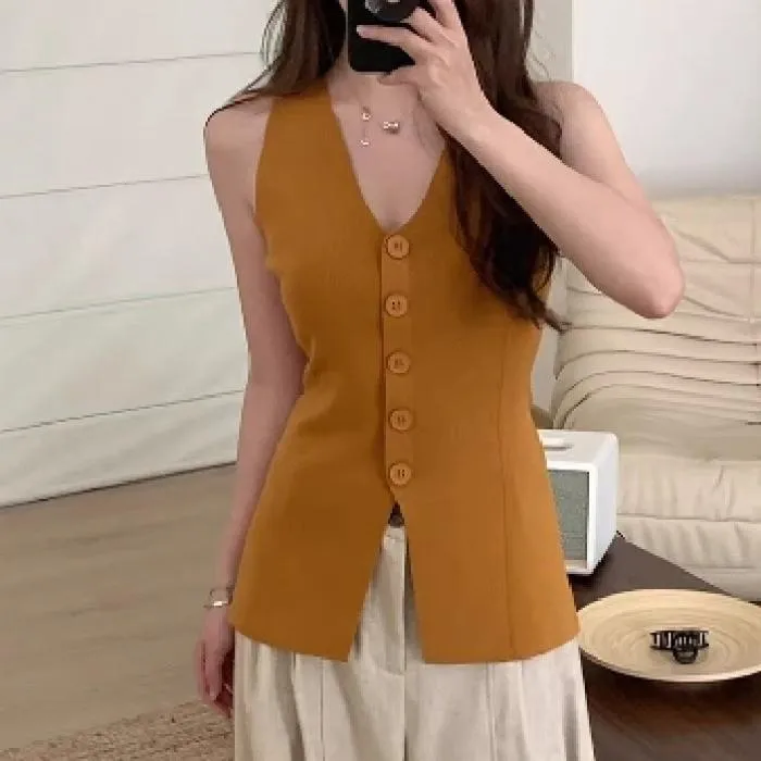 Elegant V-neck Single Button Sleeveless Ice Silk Knitted Vest Women's Summer New Style Waist Slimming Design Top display picture 7