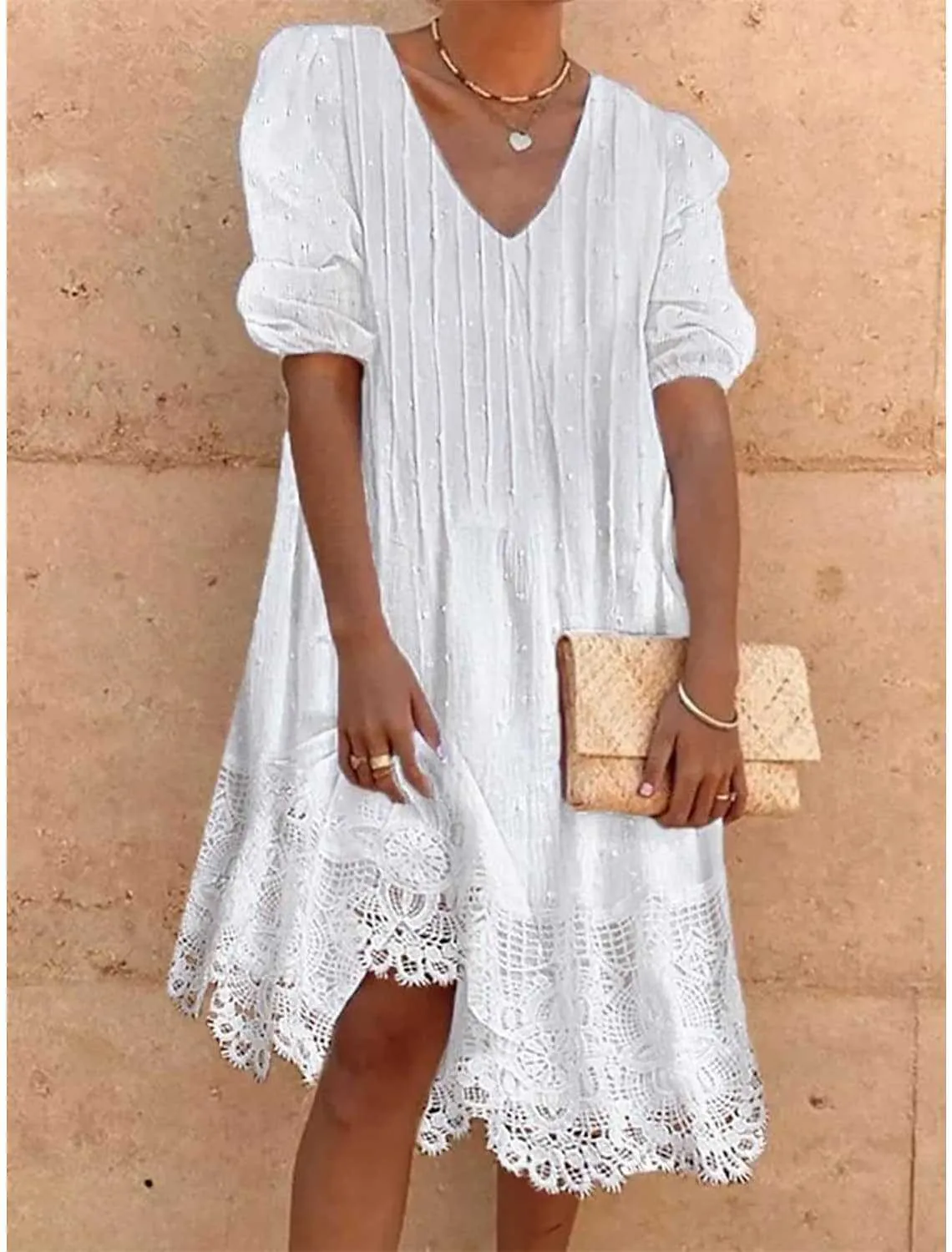 Elegant Lace Summer Dress Women's Fluffy Striped  Style V-neck Sleeveless Mid-Length Dress Dress A- Line Skirt display picture 1