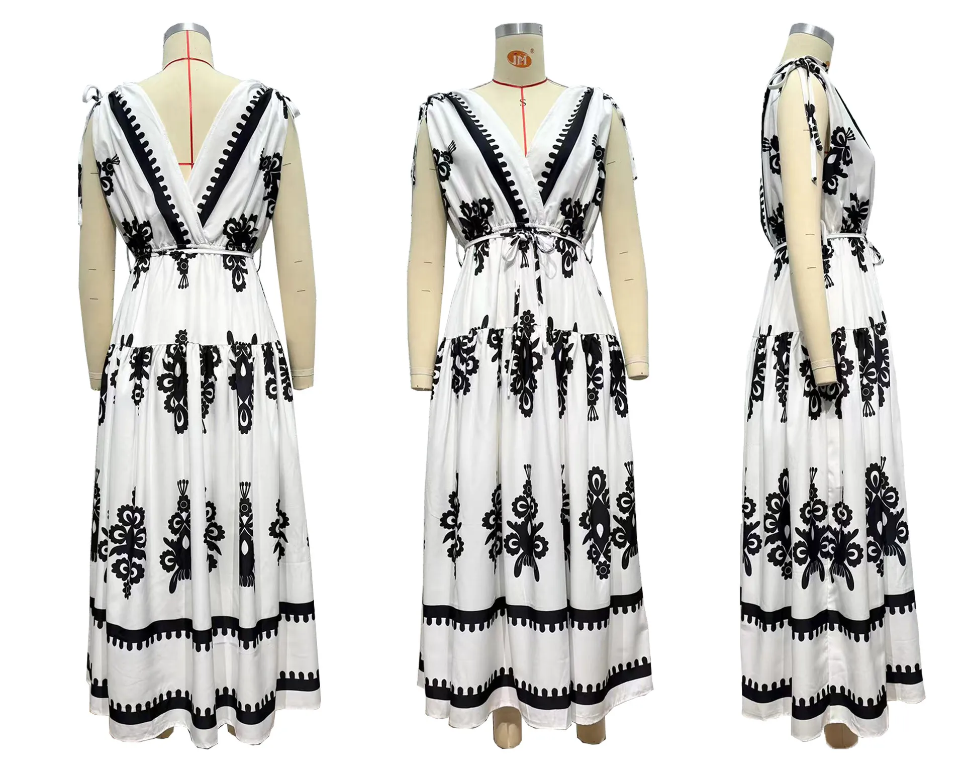 Summer New  Printed V-neck Waist-Slimming Long Dress Women's Dress Floral Pattern 3D Design Polyester Fabric Short Sleeve A- Line Skirt Loose Waist display picture 3