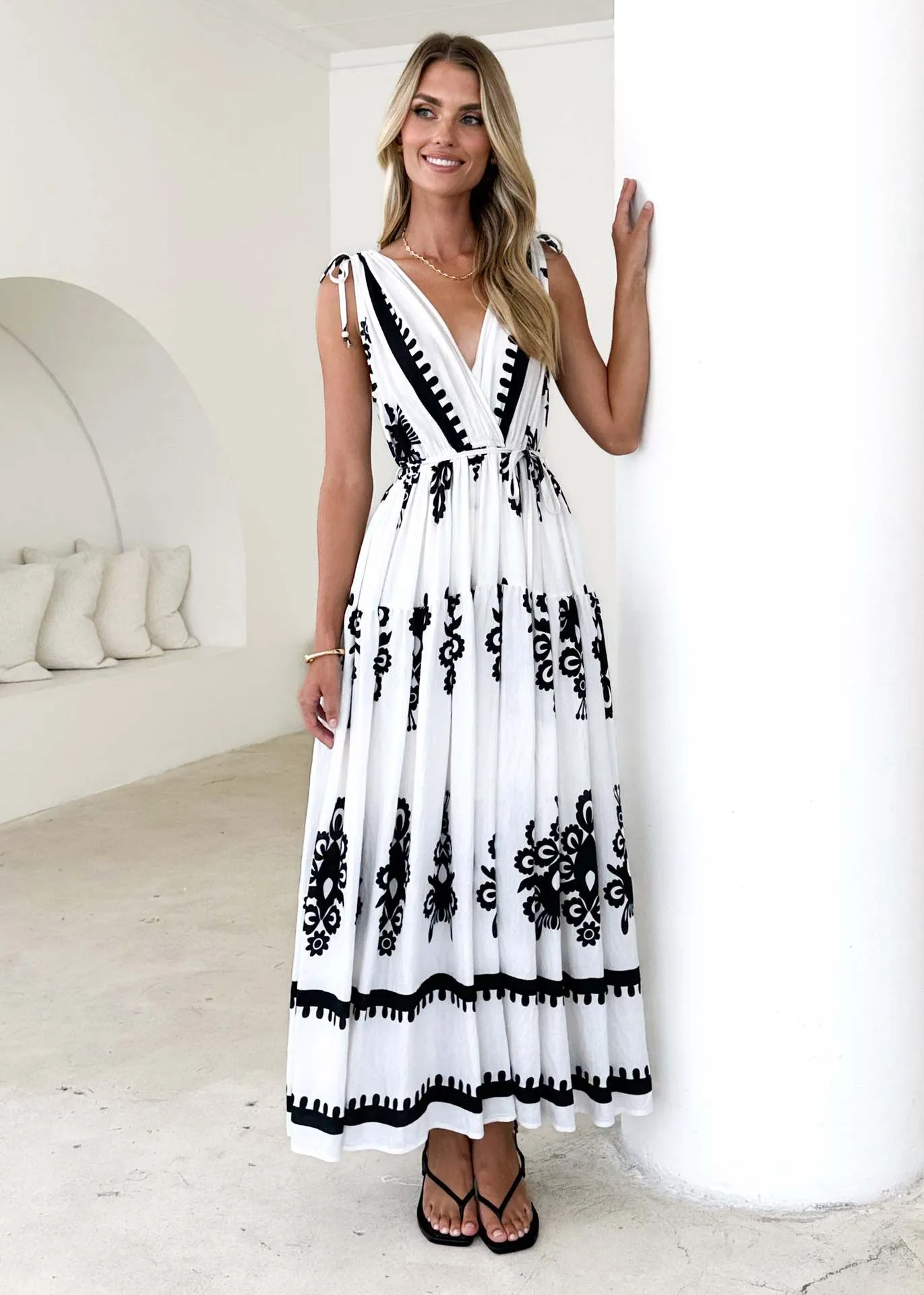 Summer New  Printed V-neck Waist-Slimming Long Dress Women's Dress Floral Pattern 3D Design Polyester Fabric Short Sleeve A- Line Skirt Loose Waist display picture 9