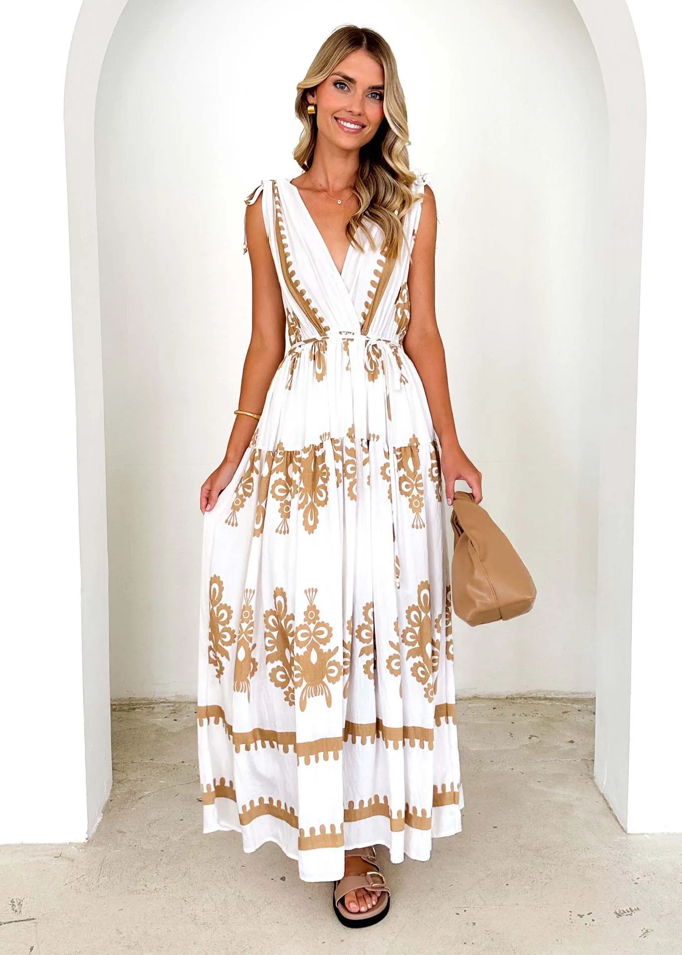 Summer New  Printed V-neck Waist-Slimming Long Dress Women's Dress Floral Pattern 3D Design Polyester Fabric Short Sleeve A- Line Skirt Loose Waist display picture 10