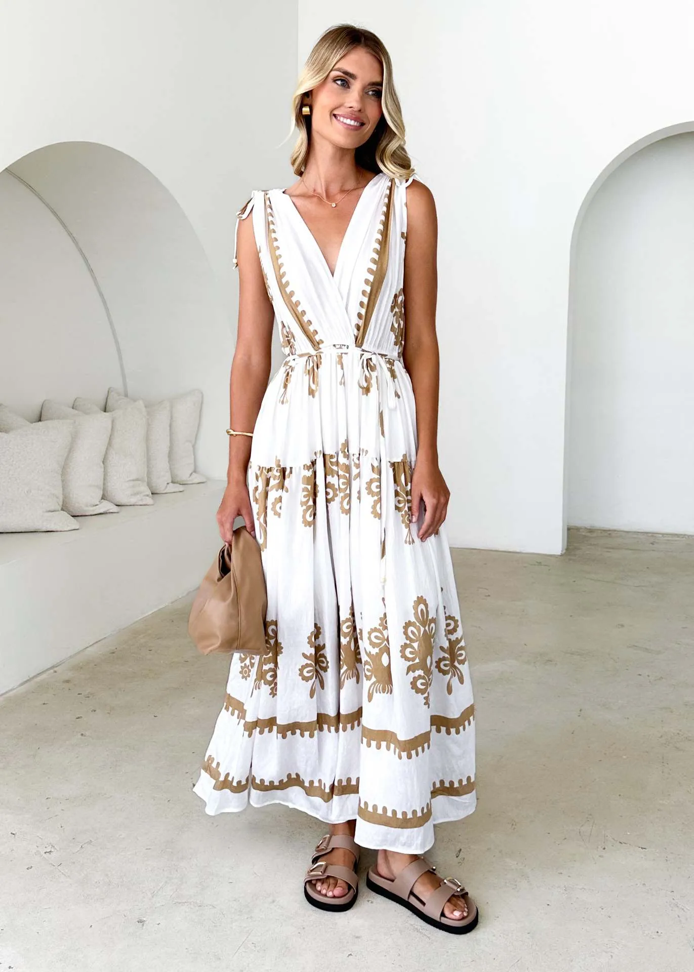 Summer New  Printed V-neck Waist-Slimming Long Dress Women's Dress Floral Pattern 3D Design Polyester Fabric Short Sleeve A- Line Skirt Loose Waist display picture 14
