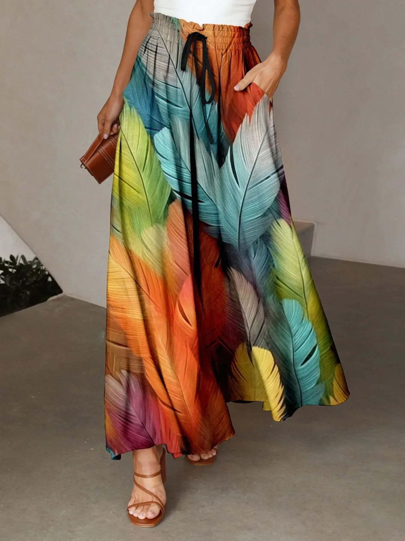 Casual Style Loose Bohemian Wide Leg Pants Women's Digital Printing Feather Pattern Skirt Elastic Waist Pleated Mini Dress display picture 1