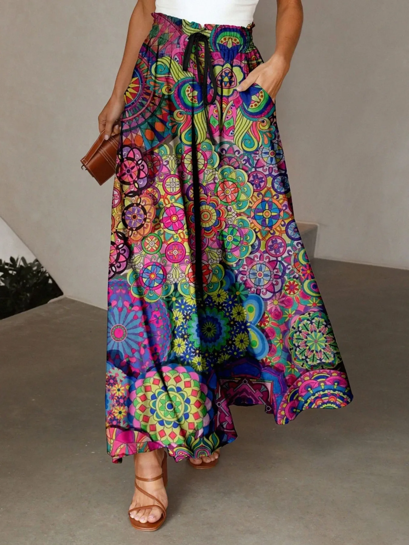Casual Style Loose Bohemian Wide Leg Pants Women's Digital Printing Feather Pattern Skirt Elastic Waist Pleated Mini Dress display picture 9