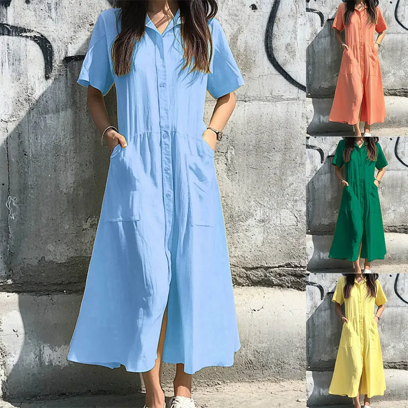 Spring And Summer Leisure Cotton Linen Blend Dress Button Detail Women's Short-Sleeved Dress Dress Ankle Length A- Line Skirt Style display picture 2