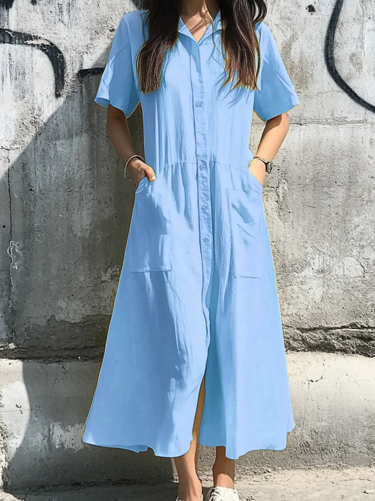 Spring And Summer Leisure Cotton Linen Blend Dress Button Detail Women's Short-Sleeved Dress Dress Ankle Length A- Line Skirt Style display picture 3