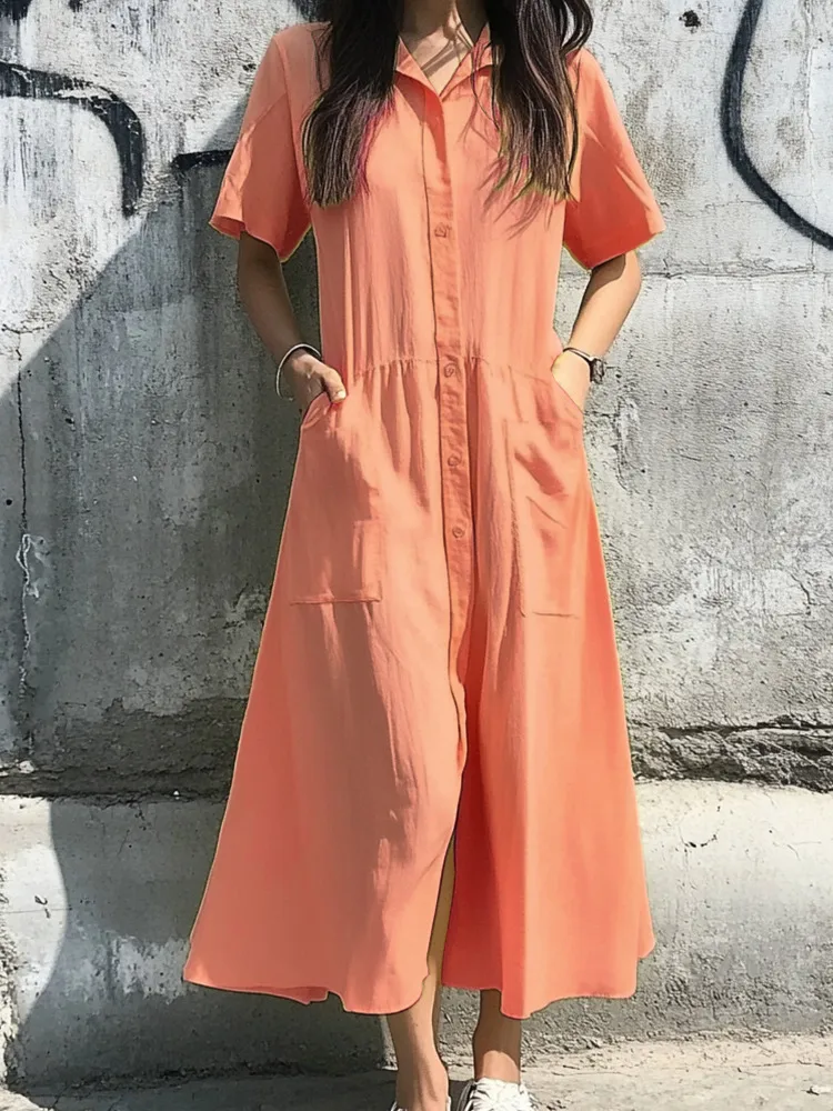 Spring And Summer Leisure Cotton Linen Blend Dress Button Detail Women's Short-Sleeved Dress Dress Ankle Length A- Line Skirt Style display picture 4