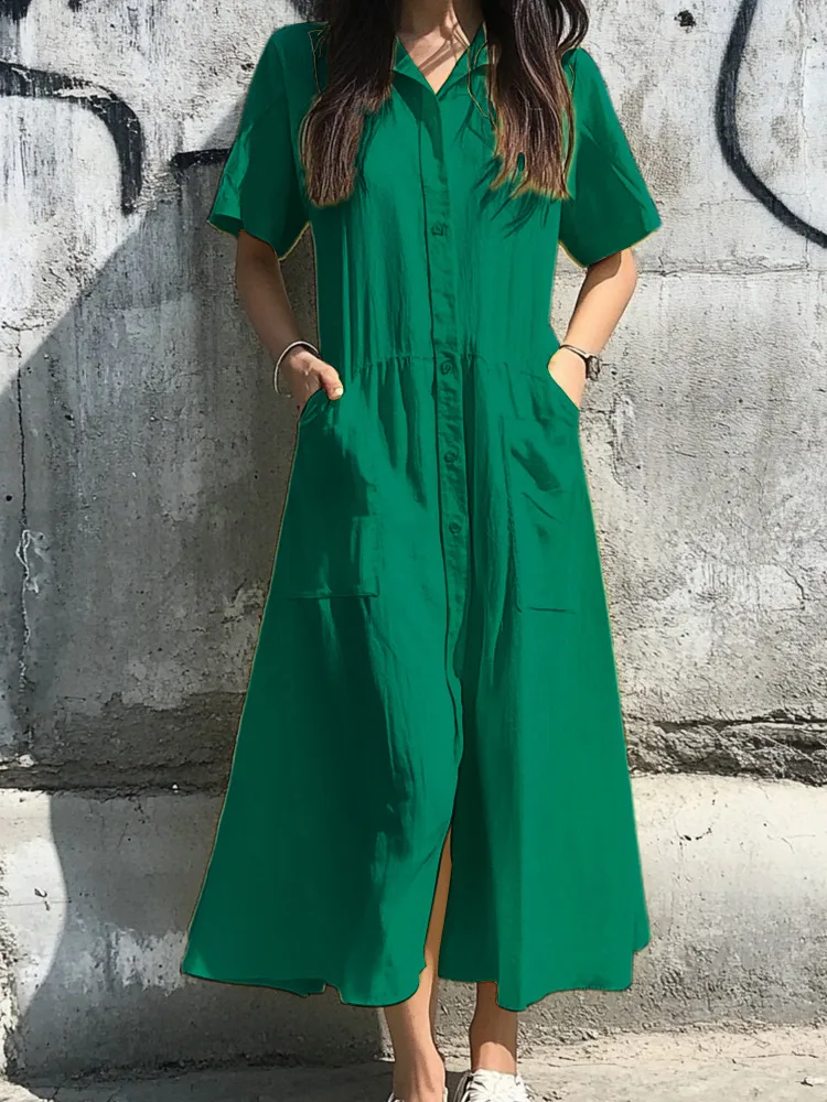 Spring And Summer Leisure Cotton Linen Blend Dress Button Detail Women's Short-Sleeved Dress Dress Ankle Length A- Line Skirt Style display picture 5