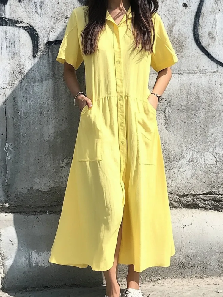 Spring And Summer Leisure Cotton Linen Blend Dress Button Detail Women's Short-Sleeved Dress Dress Ankle Length A- Line Skirt Style display picture 6